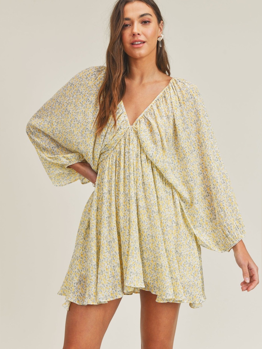 Mable Yellow Floral Pleated Long Sleeve Mini Dress Medium Babydoll Cottagecore